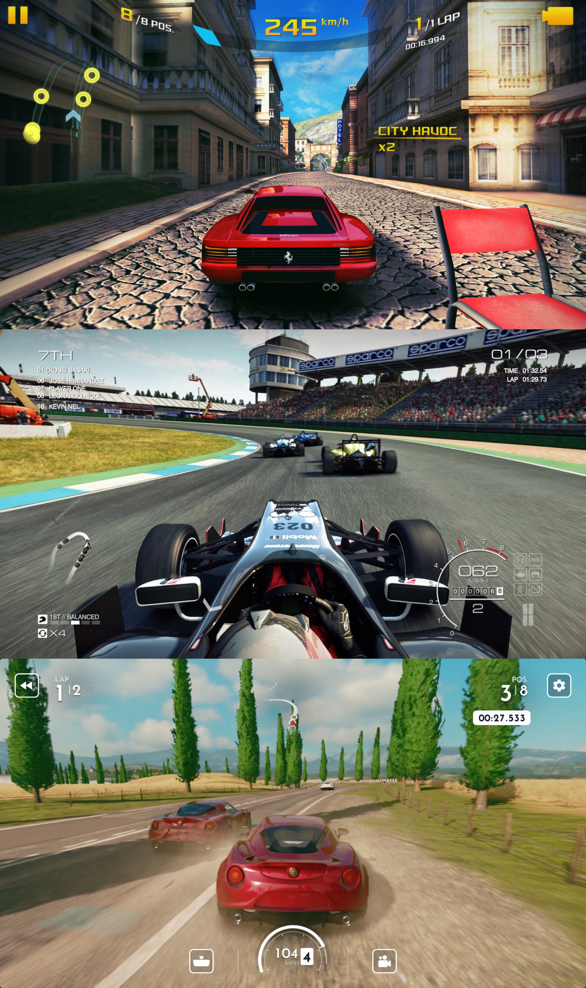 Three screenshots from similar-looking racing games.
